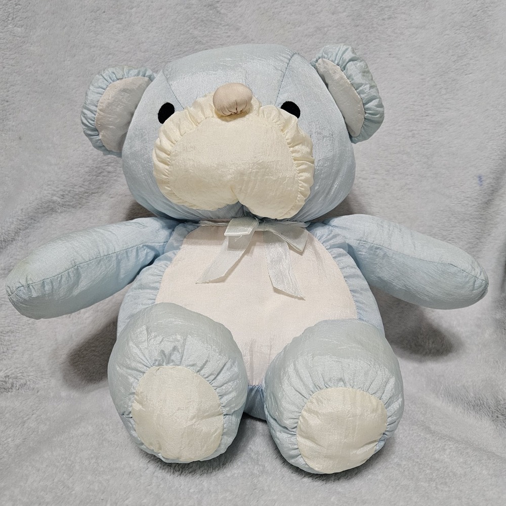 Vintage Nylon Parachute Stuffed Teddy Bear 80s 90s Blue Plush READ‎